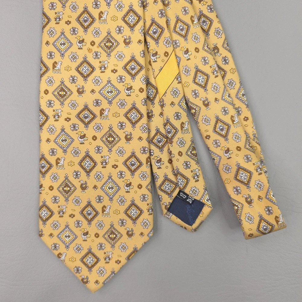 Salvatore Ferragamo Tie Mens Yellow Silk Geometric Animal Print Musei Vaticani